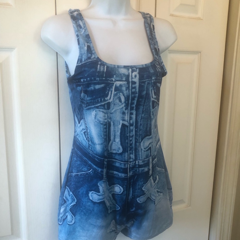 Girls Denim-Print Sleeveless Romper in Blue